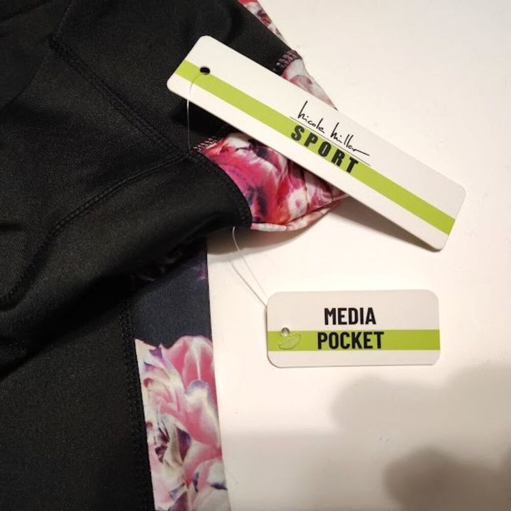 NEW Nicole Miller NM Sport Black Pink Roses Berry Leggings L Tags Media Pocket - Picture 5 of 6
